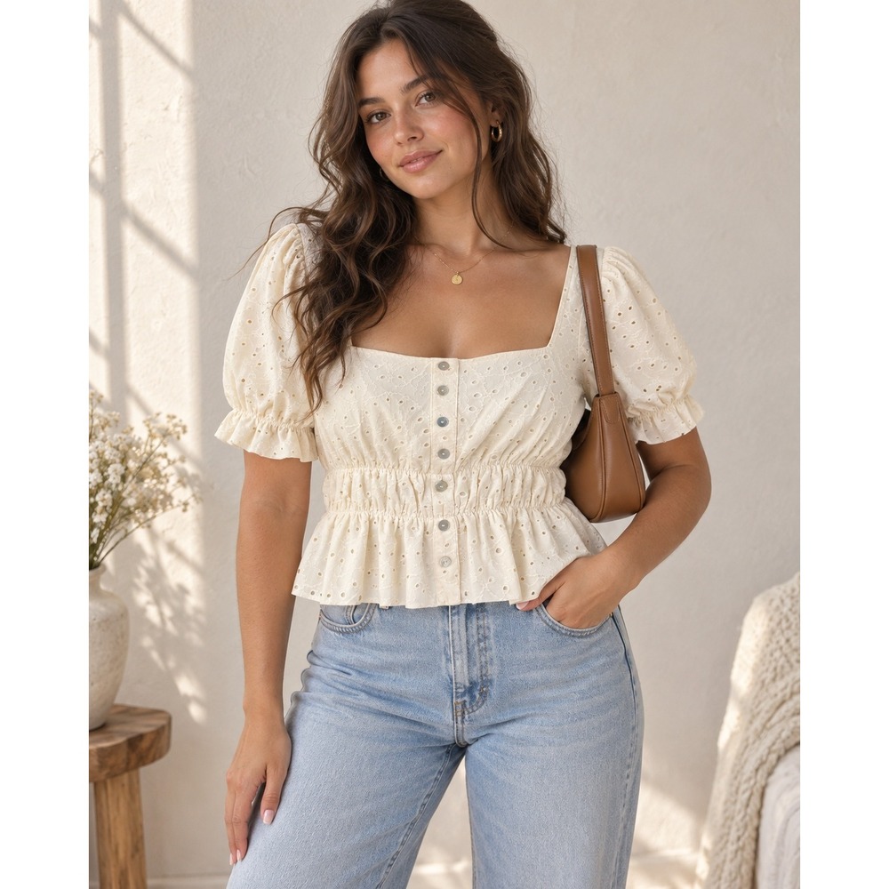 Forever 21+ Eyelet Lace Button Front Crop Top Cream Women 0X Cottagecore Boho
